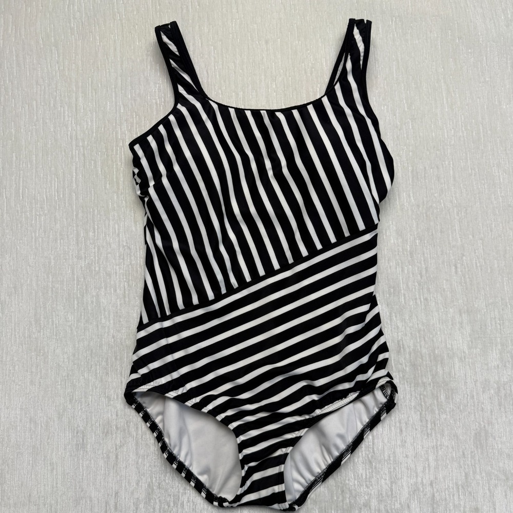 Lands' End Tugless Sporty One Piece Swimsuit Womens 8 Black Striped Light Pads